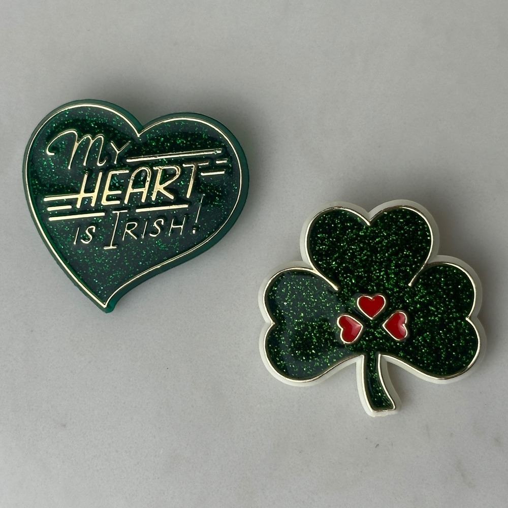 Vintage 1980s Hallmark St. Patrick's Day Pin Pair Shamrock Heart Irish Brooches